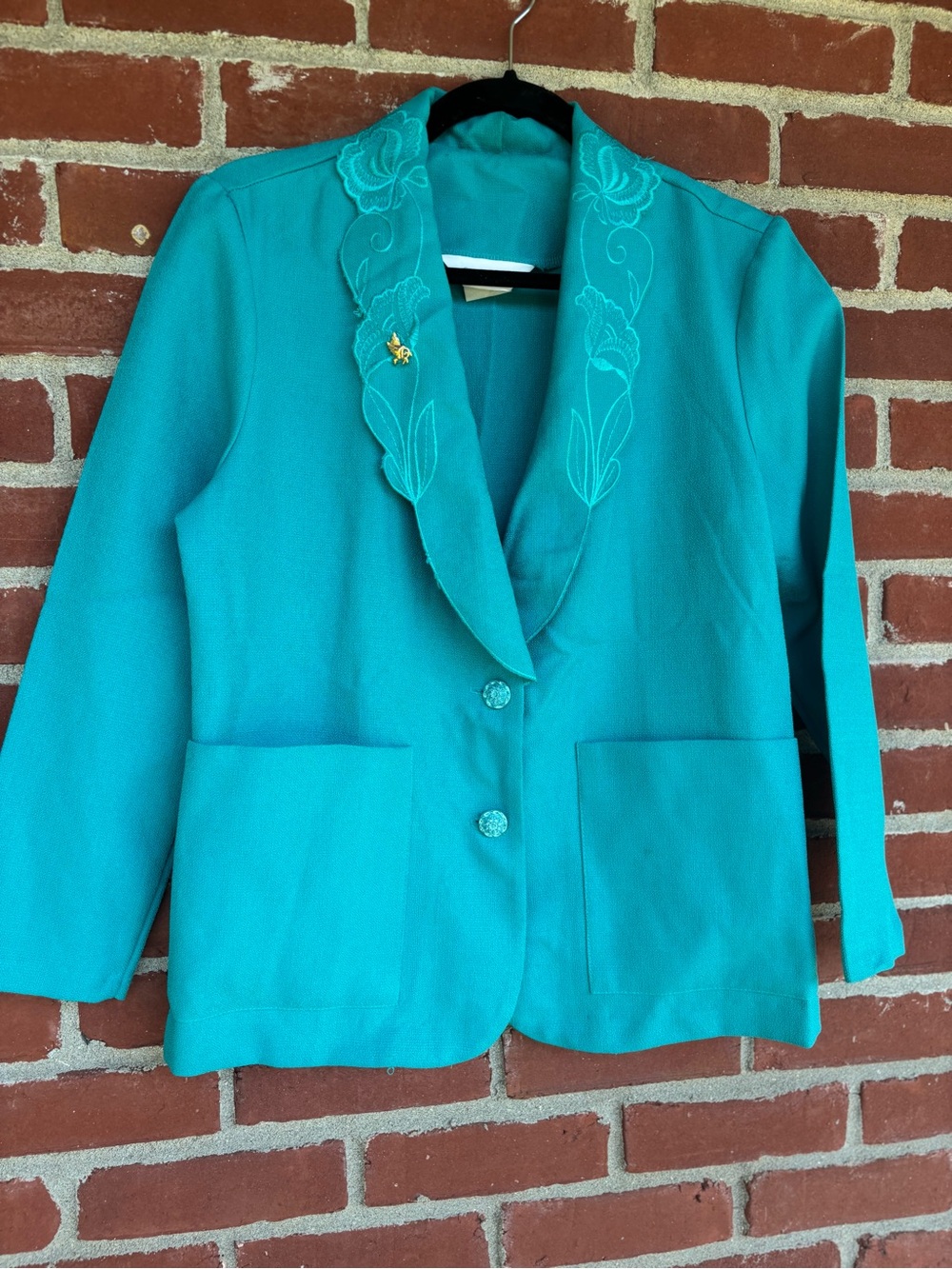 Vintage Teal Embroidered Shawl Collar Women’s Jacket